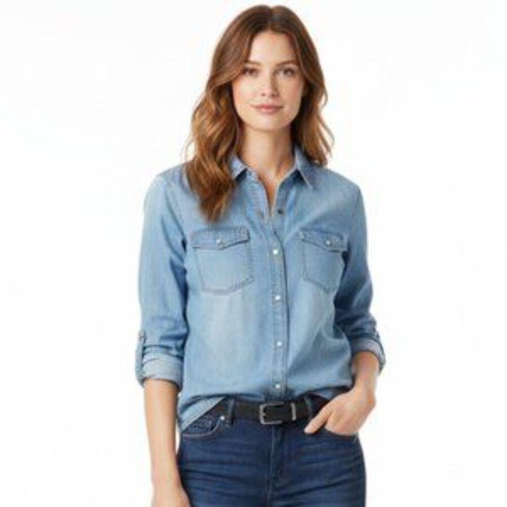 Rock & Republic Blue Denim Button Up Chambray Western Studded Top L